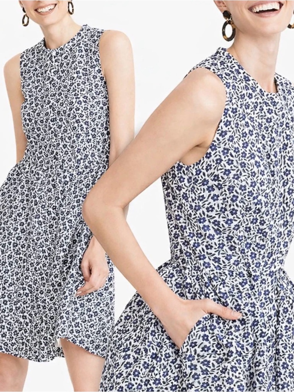 J. Crew White and Blue Linen Blend Floral Sleeveless Fit & Flare Dress